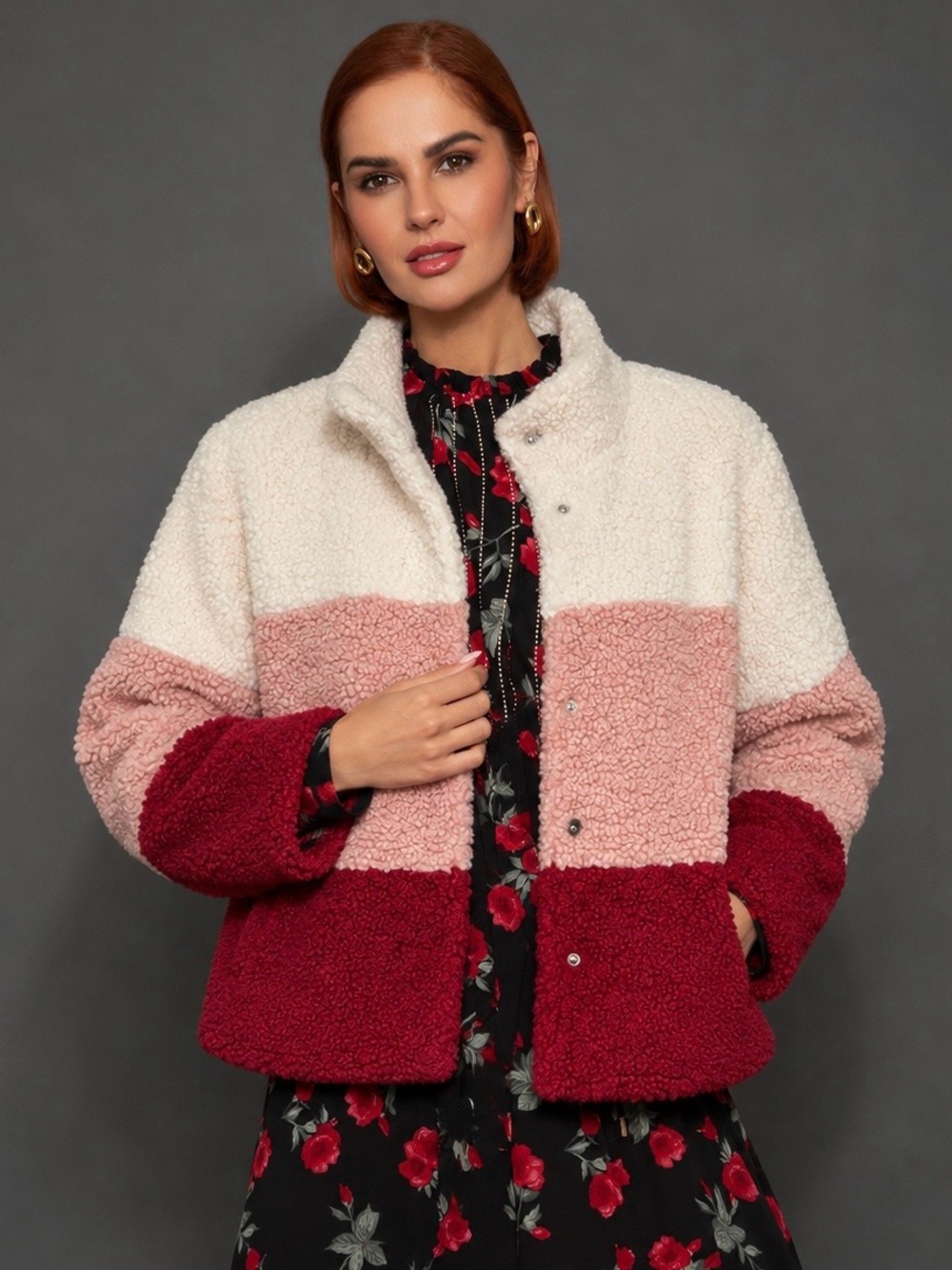 Lulus Colorblock Sherpa Jacket L Burgundy Blush Cream Cozy Teddy Coat Autumn Y2K